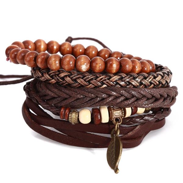

bracelet fashion guitar cross leaf charm weave leather men bracelets for women homme femme male jewelry 4 pcs/set, Black