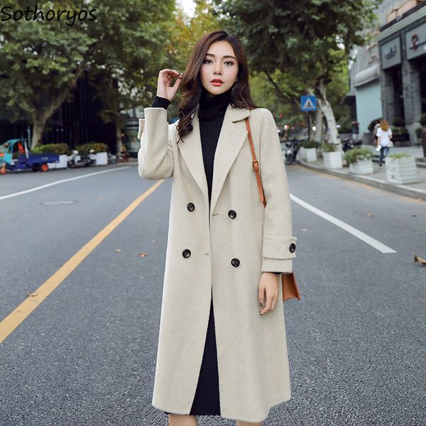

blends women simple elegant double breasted korean style office lady casual long coats winter womens large size 4xl streetwear, Black
