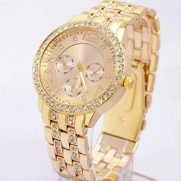 

fashion women rhinestone quartz wrist watch stainless steel large dial case rhinestone quartz wrist watch multi color, Slivery;brown