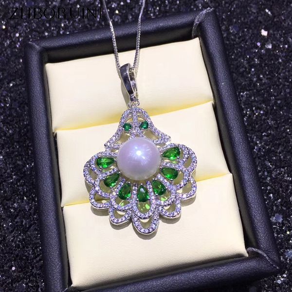 

zhboruini pearl jewelry design green agate necklace 925 sterling silver jewelry for women freshwater pearl big pendant chain