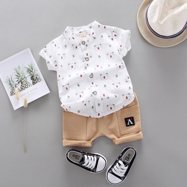 

летний набор baby boy детская мода мультфильм медведь печати рубашка с коротким рукавом + брюки для малыша baby boys одежда, White
