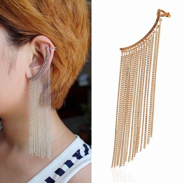 

gold color silver color long chain tassels ear cuff earings for women stylish simplicity clip on earrings fashion jewelry 1pc