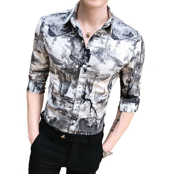 

summer new classical men's clothing male fashion slim ink painting printed half sleeve shirts stylist's night club -3xl, White;black