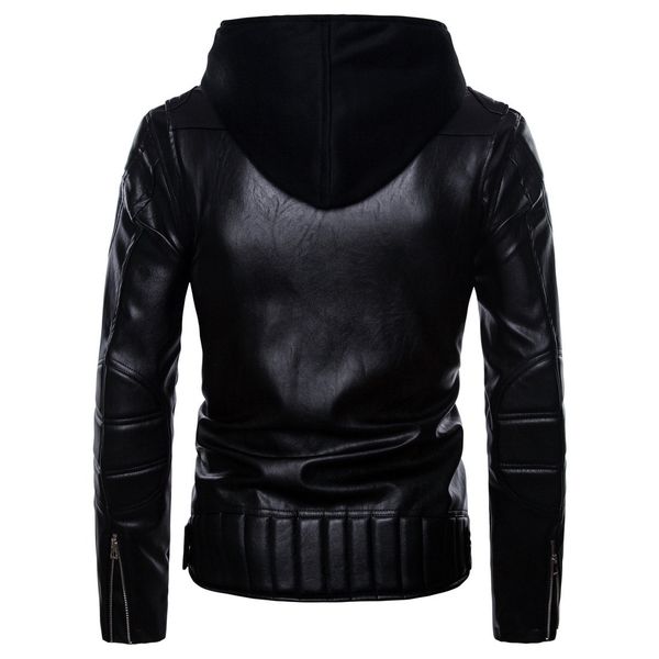 

code] european punk metrosexual man hooded biker leather coat solid color motorcycle leather jacket coat, Black