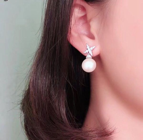 

freshwater pearl cross star zircon stud earring pure 925 sterling silver wedding jewelry, Golden;silver
