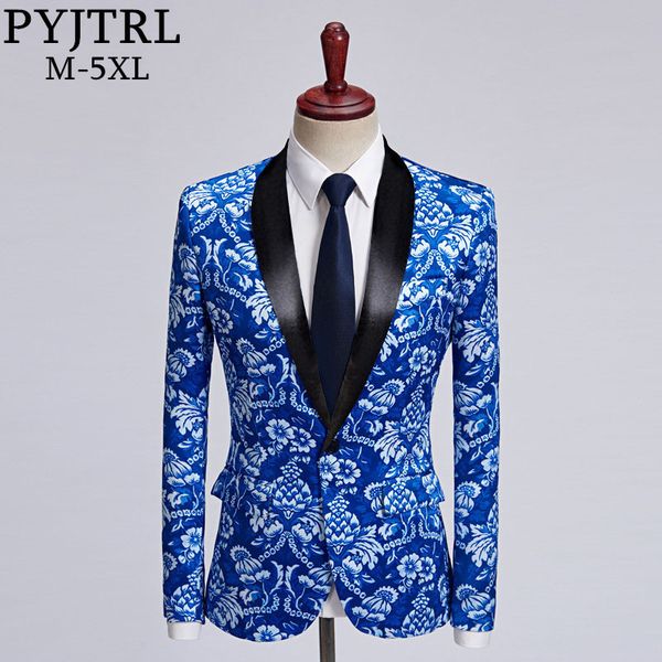 

pyjtrl new mens fashion blue floral print casual blazer design 5xl plus size wedding groom stage singer costume tide suit jacket, White;black