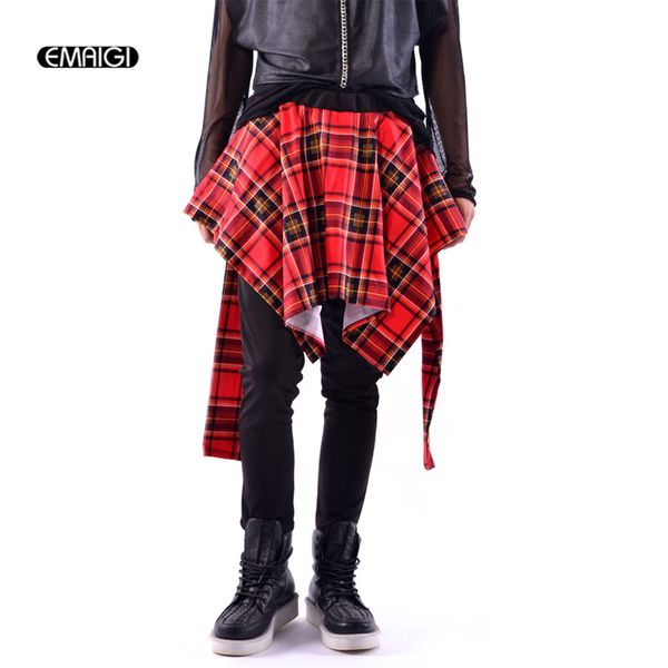 

men dancer hip hop scottish skirt splice casual pant male women streetwear fashion slim fit harem trousers, Black