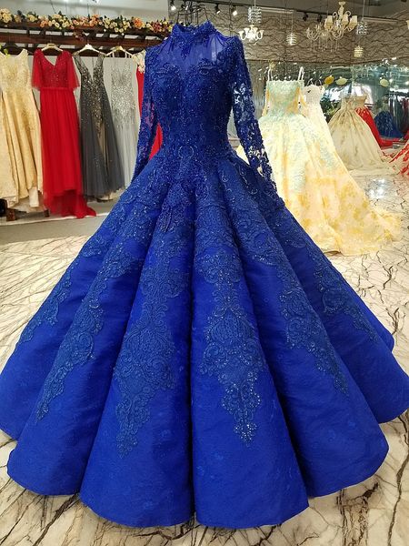 Robe de Mariage de Alta Qualidade Royal Blue Ball Vestidos Vestidos de Noiva 2019 Saudi Arabian Dubai Lace Up Vintage Long Maneves Muçulmanos Vestidos Nupciais