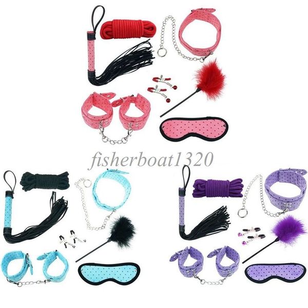 Bondage 7pcs Roleplay Collare di ritenuta Manette Paddle Whip Rope Blindfold Coppia Kit AU653