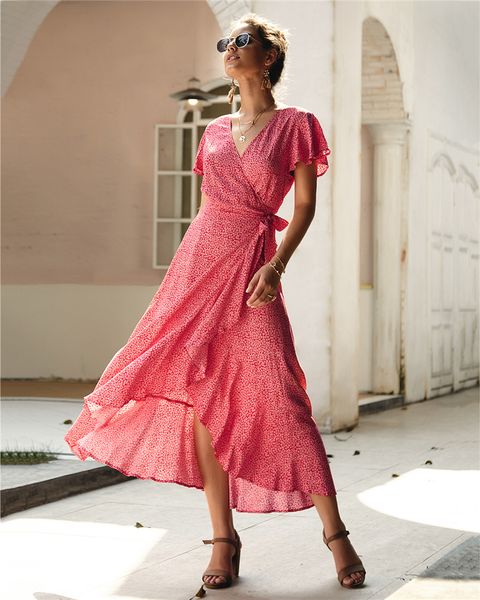 

Sexy Split Flora Printed Dress With Belt Bow Women Casual Dress Fashion V Neck Women Dresses