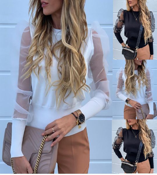 

круглый шеи шнурок жемчужные нити сетки пены рукав дна рубашку, White