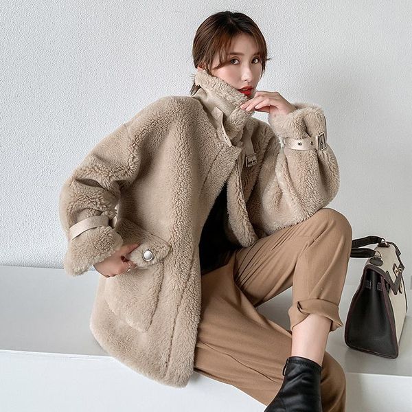 

women 2019 autumn winter real lamb fur sheepskin coat genuine granular sheep shearing jacket female casual warm outerwear, Black