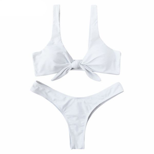 

Swimsuit New Arrival Women Knotted Padded Thong Bikini Set Mid Waisted Solid Color Scoop Neck Brazilian Biquni Beach Swimwear
