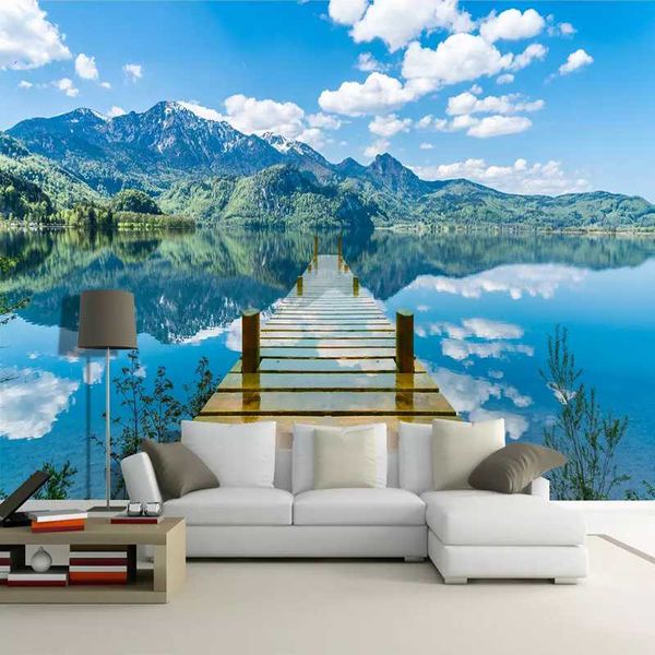 

drop shipping custom mural wallpaper room blue sky white clouds wooden bridge lake water 3d creative space art wall painting