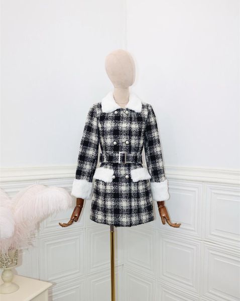 

2019 зима шерстяного пальто женщин меховой воротник плед tweed пояс талия шнурок темперамент пальто, Black