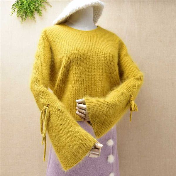 

women fashion o-neck sweater women flare sleeve warm pullover lace up short spring clothes, White;black