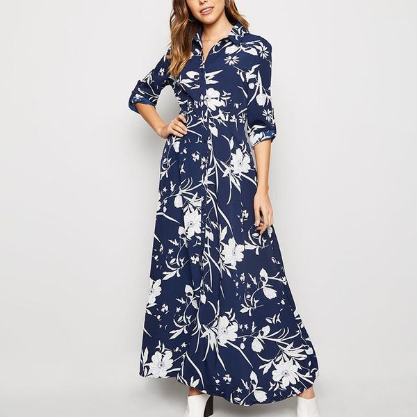 

single breasted lapel neck womens designer shirt dresses casual females clothing floral print womens casual dresses fashion, Black;gray