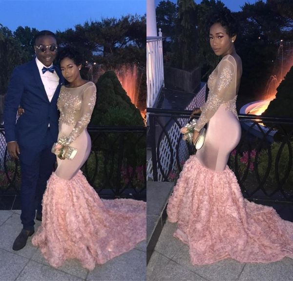 

african pink mermaid prom dresses 2019 black girls long sleeves beads lace handmade flowers prom gowns open back evening dresses