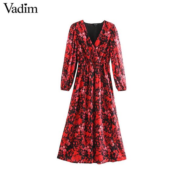 

vadim women fashion floral pattern chiffon dress v neck long sleeve elastic waist stylish midi dresses chic vestidos qd203, Black;gray