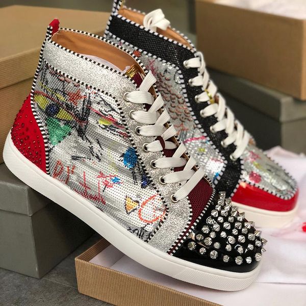 

brand mens shoes red soles homme sneakers flats rantus orlato flat "graffiti"high,luxury paris men red bottom patent leather with, Black