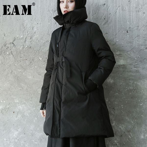 

eam] 2019 spring winter woman stylish new black color long sleeve turtleneck pockets adjustable waist cotton-padded coat le877