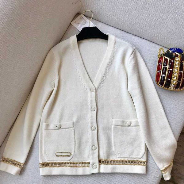 

casual women cardigan autumn v-neck long sleeve sweater cardigan fashion chain knitted, White