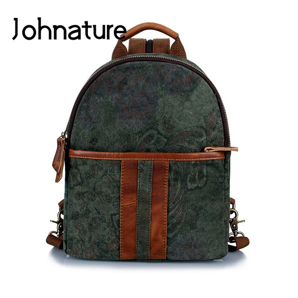 

johnature 2019 new vintage camouflage canvas with crazy horse leather waterproof wear resistant leisure women backpack travel