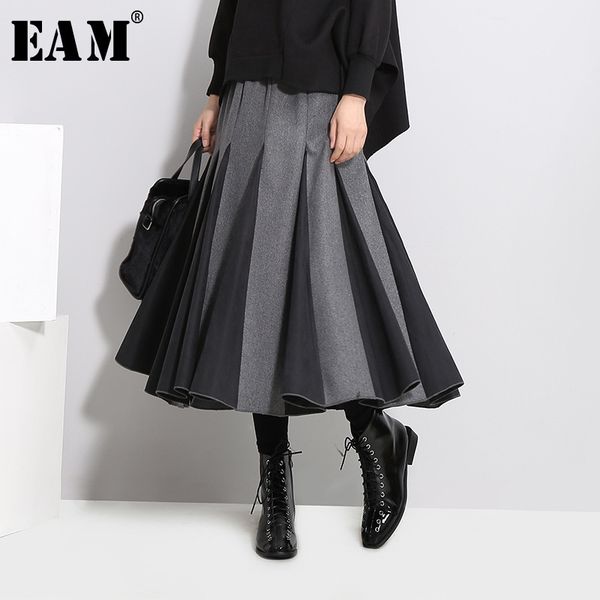 

eam] high elastic waist gray split joint temperament woolen half-body skirt women fashion tide new spring autumn 2020 1d754, Black;gray