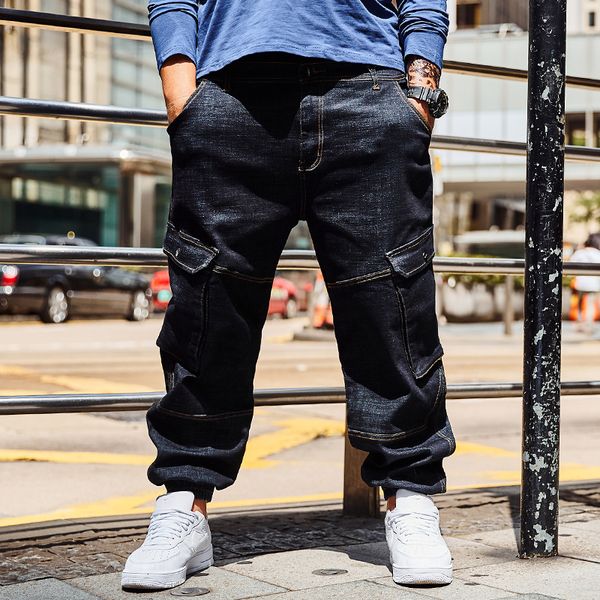 

2019 european style men's multi pockets harem pants distressed joggers jeans black loose denim pants plus size 30-38 40 42 44 46, Blue
