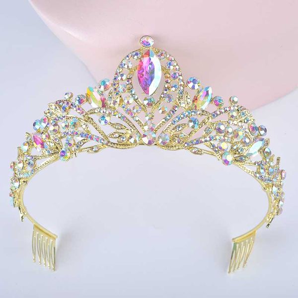 

gold ab color wedding hair tiara for bride crystal rhinestones women crowns with comb bridal headpiece hair jewelry diadema, Golden;white