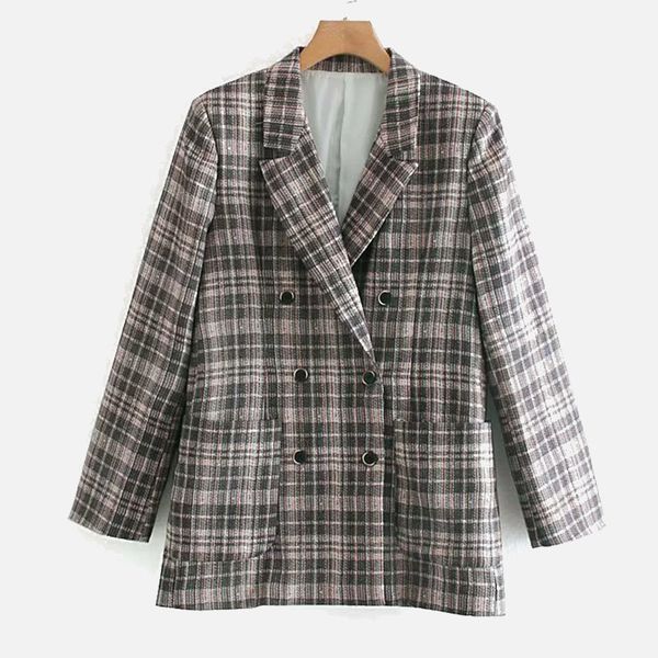 

women elegant plaid blazer suit long sleeve double breasted slim checked coat office work female suits jacket autumn blazers, White;black