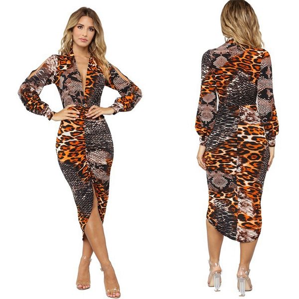

leopard/snake combination women deep v neck bodycon dress slit midi long elegant ladies long sleeve clothes, Black;gray