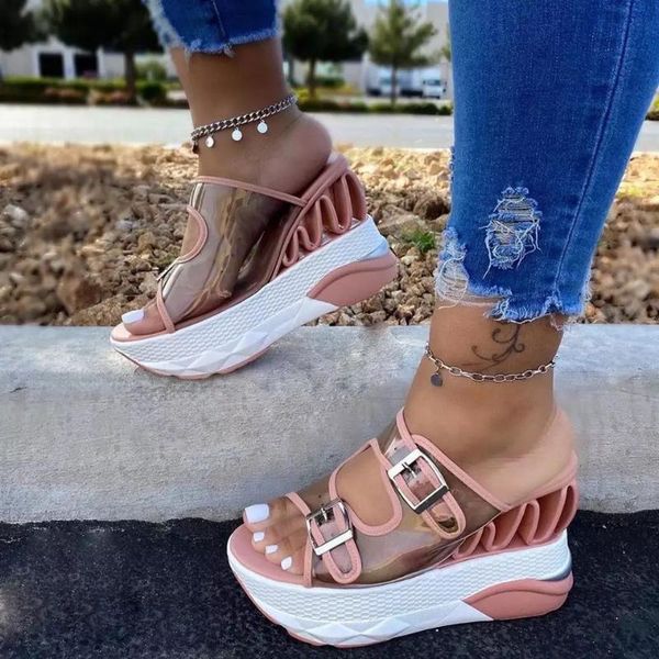 

2020 summer wedge female belt buckle women sandals transparent super high heel large size shoes woman with platform waterprooof, Black