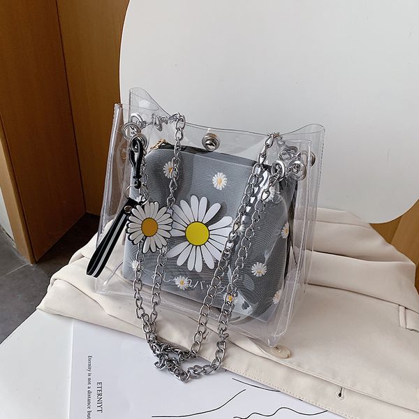 

new fashion transparent bucket bag & unique design beach style chain daisy crossbody bag width 21cm height 20cm thickness 13cm