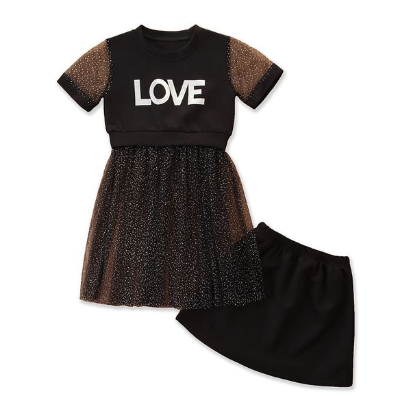 

дизайнер дети baby girl dress одежда наборы crew neck щитового tops буквенной печатная + mesh юбки летнего стиля ребёнка 2 шт костюмы, White