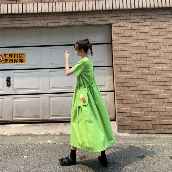 

ead 2020 summer korean casual loose short-sleeved dress female personality green small fresh round neck single-breasted dress, Black;gray