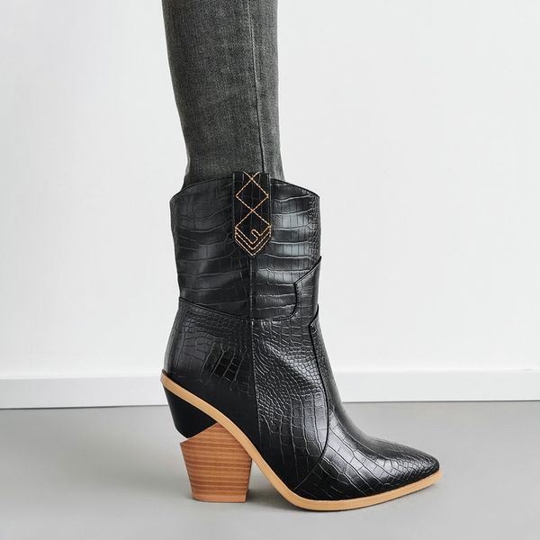 

2019 new women boots pointed toe wedges shoes faux leather autumn winter boots short ladies western ankle for women, Black