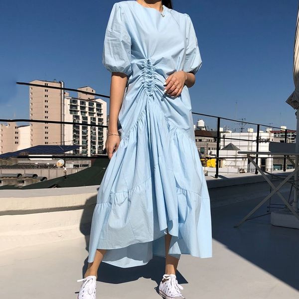 

korean style long dress women summer new 2020 round neck ladies dres spuff sleeve solid color fashion women clothing cotton, Black;gray