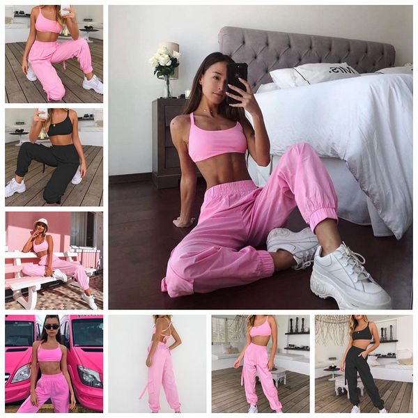 

spot 2020 european spring and summer fashion casual sleeveless halter vest trouser pocket set, support mixed batch, White