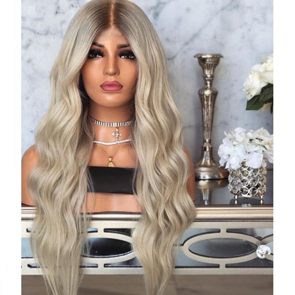 

Middle Part Brazilian Hair Ombre Wavy Blonde Lace Front Wig Cosplay Party Style Synthetic Hair Wigs Heat Resistant Preplucked for Women, Ombre color