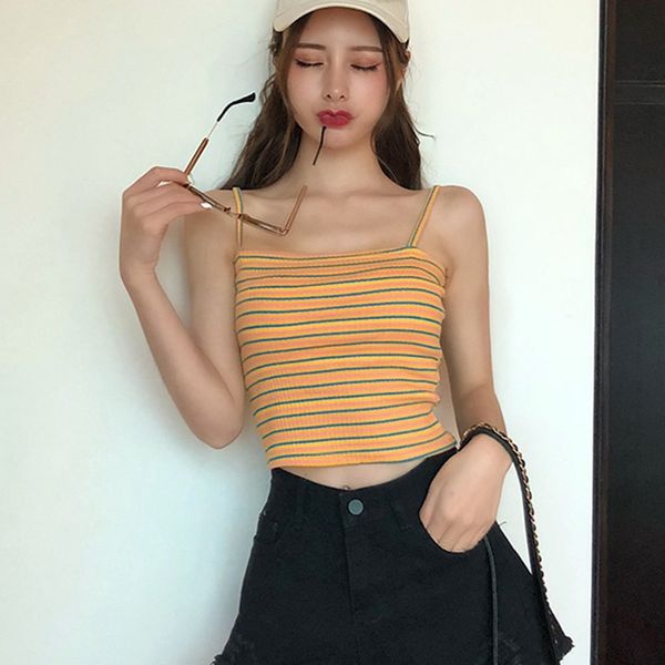 

women summer fashion square collar striped camisole casual sleeveless crop women camis vest female 2019, White