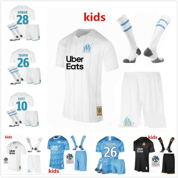 

kids kit 19 20 olympique de marseille soccer jersey om jerseys 2019 2020 maillot de foot payet thauvin benedetto football shirt, Black;white