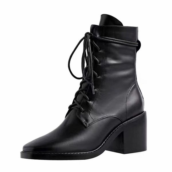 

martin boots female personality high-heeled locomotive in the tube high-knight leather british wind thick with short boots, Black
