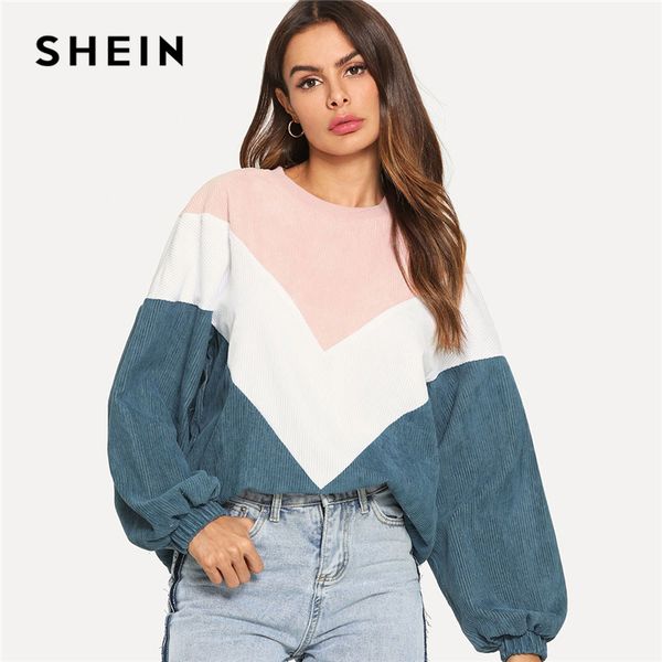 

shein multicolor cut and sew chevron sweatshirt preppy round neck bishop sleeve pullovers women autumn colorblock sweatshirts, Black