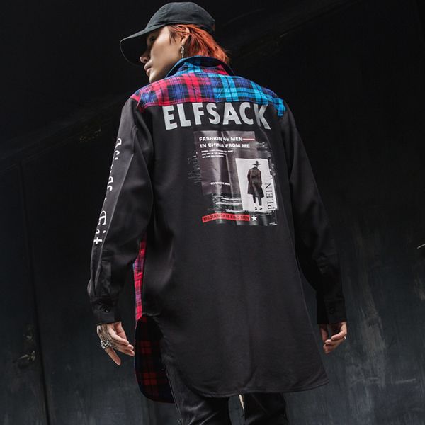 

streetwear plaid shirts men hip hop patchwork long sleeve shirt men 2019 fashion spring plaid male xd153, White;black