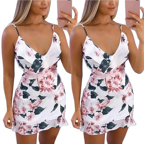 

Februaryfrost Womens Sexy V Neck Floral Printed Dress Slim Strappy Ruffle Mini Dress Beach Party Casual Beach Dresses