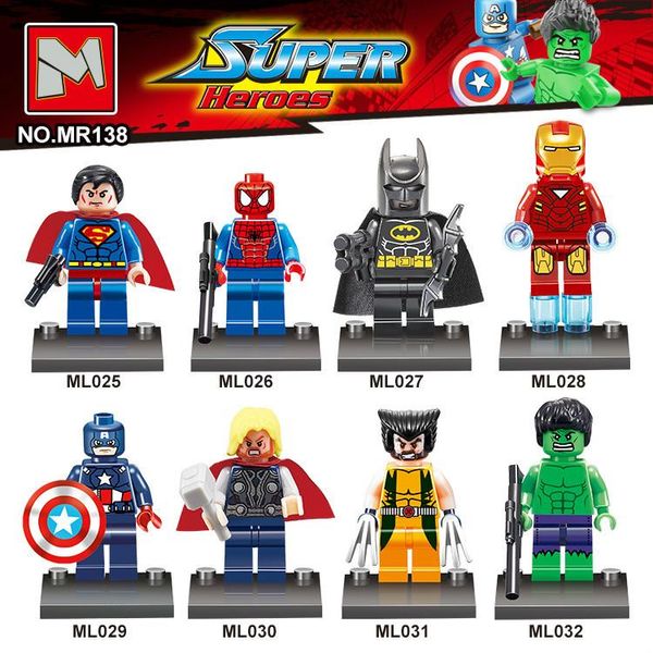

bravo 8pcs avengers super hero x-men iron man tony stark hulk thor spider man superman captain america building block toy figure