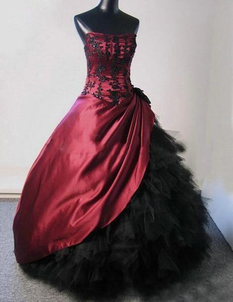 Burgunderrote und schwarze Brautkleider im Gothic-Stil, Ballkleid, trägerlos, Perlen, Spitze, Satin, Rüschen, Tüll, Vintage-Brautkleider, individuelle Größe