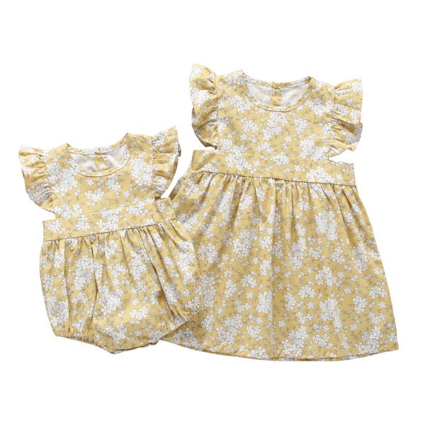 

2019 european style new summer children's sister suit print baby twin sisters jumpsuit summer dress for baby girl clothes, Red;yellow