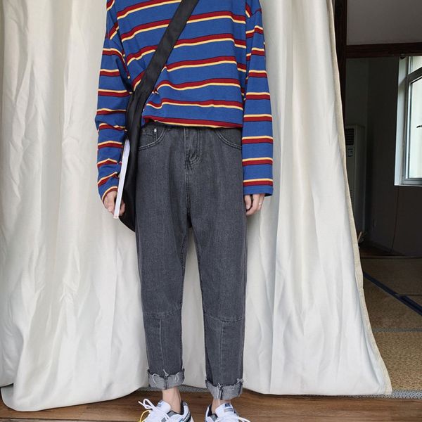 

hong kong style 2020 causal street jeans men loose student sports casual pants korean wild men's pants harlan ankle length, Blue